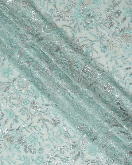Mint Green Floral Bead & Sequin Embroidered Premium Pure Silk Chiffon Fabric 110 Cms Width South Korea-D28208 - Regal Fabrics