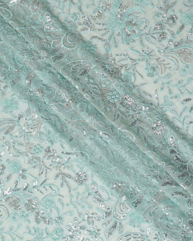 Mint Green Floral Bead & Sequin Embroidered Premium Pure Silk Chiffon Fabric 110 Cms Width South Korea-D28208