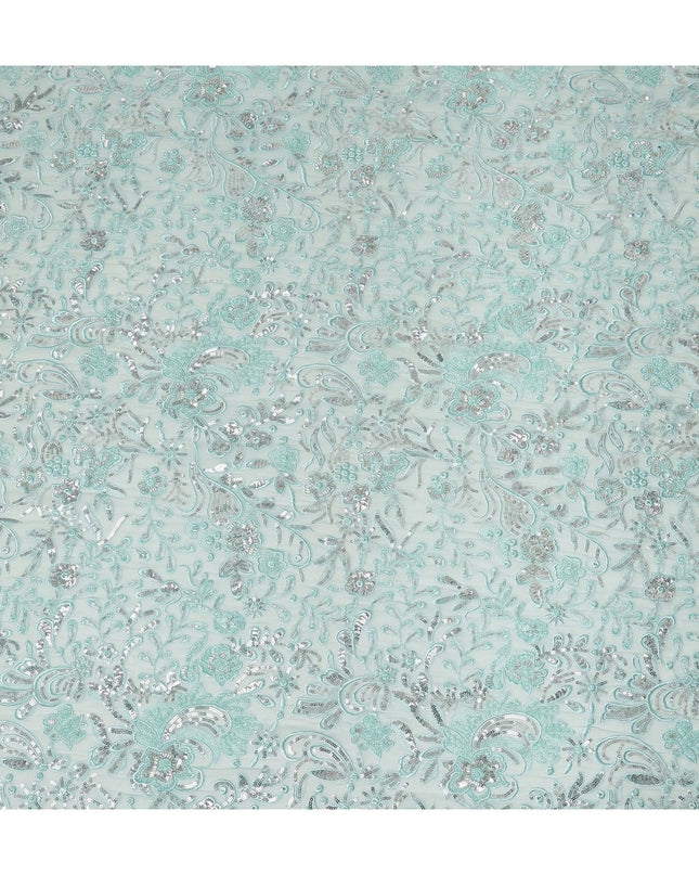 Mint Green Floral Bead & Sequin Embroidered Premium Pure Silk Chiffon Fabric 110 Cms Width South Korea-D28208
