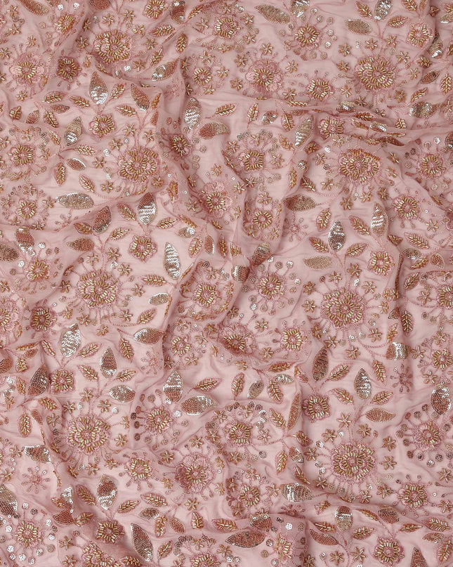 Blush Pink Floral Bead & Sequin Embroidered Premium Pure Silk Chiffon Fabric 110 Cms Width South Korea-D28205