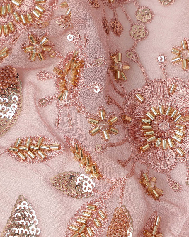 Blush Pink Floral Bead & Sequin Embroidered Premium Pure Silk Chiffon Fabric 110 Cms Width South Korea-D28205