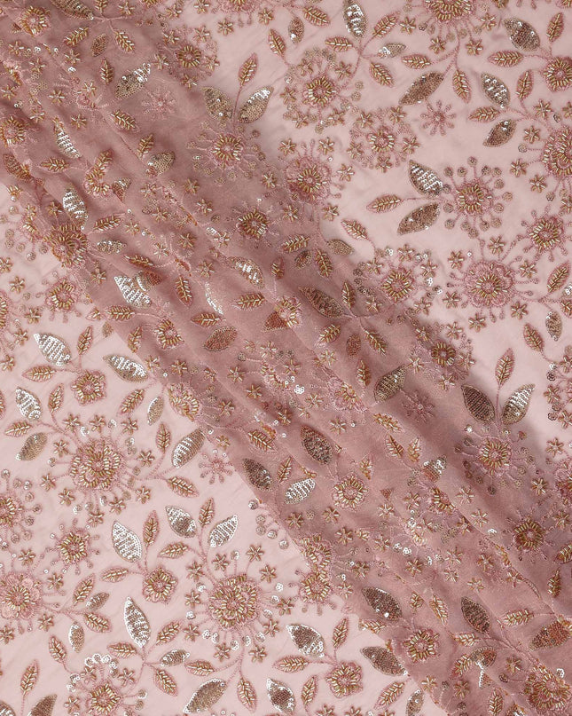 Blush Pink Floral Bead & Sequin Embroidered Premium Pure Silk Chiffon Fabric 110 Cms Width South Korea-D28205