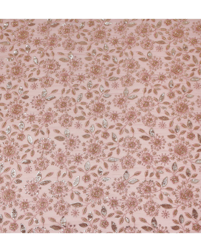Blush Pink Floral Bead & Sequin Embroidered Premium Pure Silk Chiffon Fabric 110 Cms Width South Korea-D28205