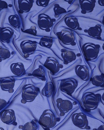 Royal Blue Pure Silk Chiffon Fabric with Metallic Lurex Swirl Design, 110 Cms Width, Made in South Korea-D25929