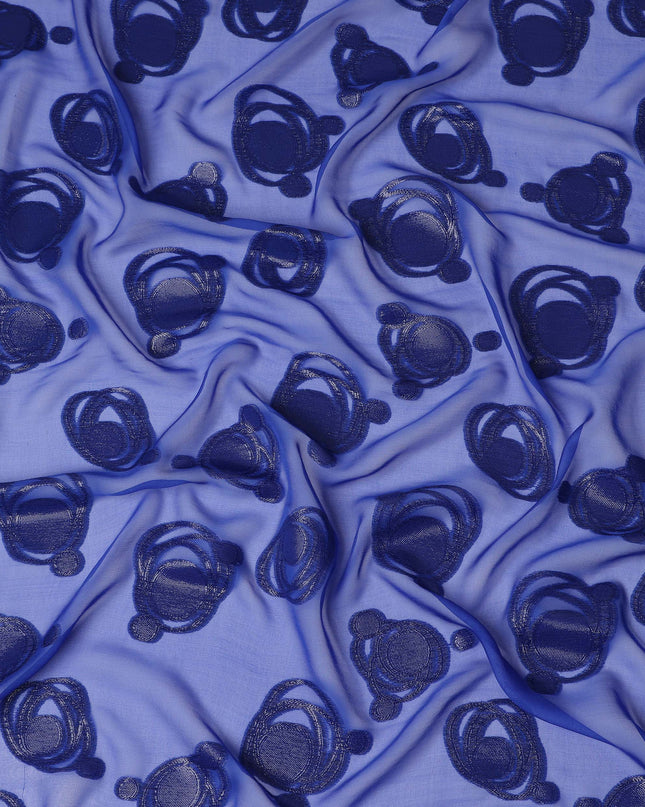 Royal Blue Pure Silk Chiffon Fabric with Metallic Lurex Swirl Design, 110 Cms Width, Made in South Korea-D25929