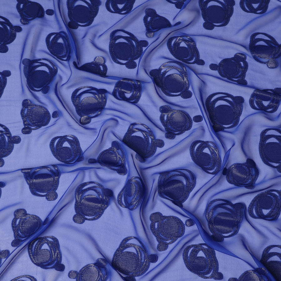 Royal Blue Pure Silk Chiffon Fabric with Metallic Lurex Swirl Design, 110 Cms Width, Made in South Korea-D25929