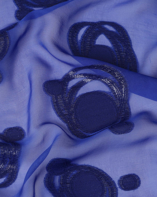 Royal Blue Pure Silk Chiffon Fabric with Metallic Lurex Swirl Design, 110 Cms Width, Made in South Korea-D25929