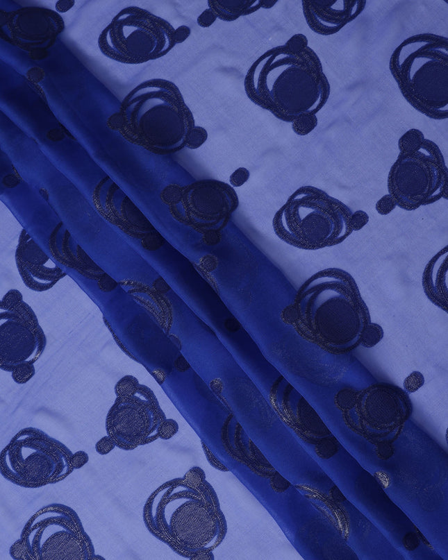 Royal Blue Pure Silk Chiffon Fabric with Metallic Lurex Swirl Design, 110 Cms Width, Made in South Korea-D25929