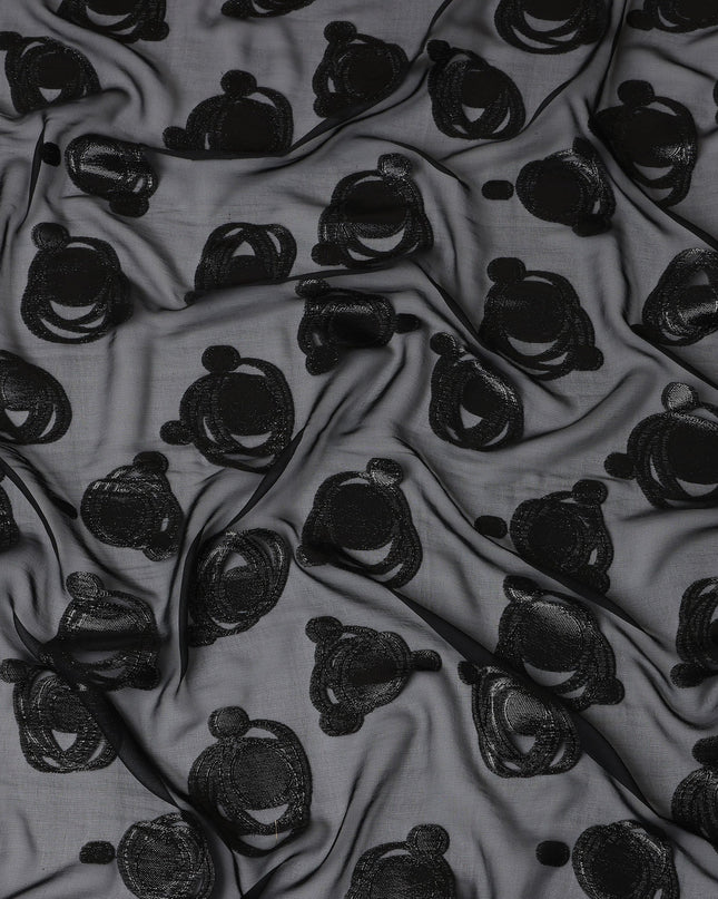 Black Pure Silk Chiffon Fabric with Metallic Lurex Swirl Design, 110 Cms Width, Made in South Korea-D25927