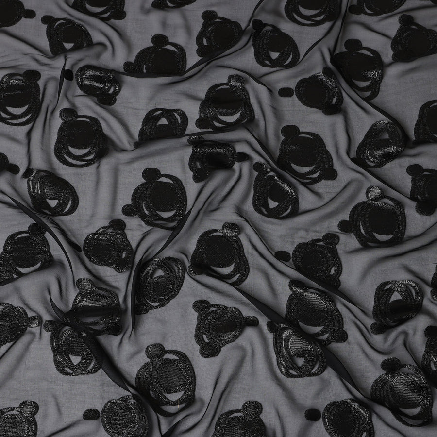 Black Pure Silk Chiffon Fabric with Metallic Lurex Swirl Design, 110 Cms Width, Made in South Korea-D25927