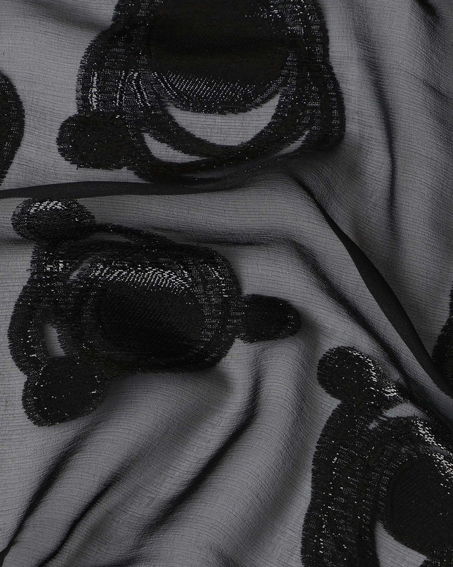 Black Pure Silk Chiffon Fabric with Metallic Lurex Swirl Design, 110 Cms Width, Made in South Korea-D25927