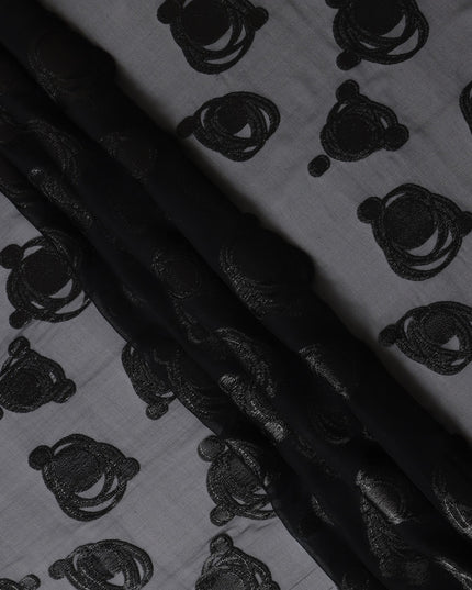Black Pure Silk Chiffon Fabric with Metallic Lurex Swirl Design, 110 Cms Width, Made in South Korea-D25927