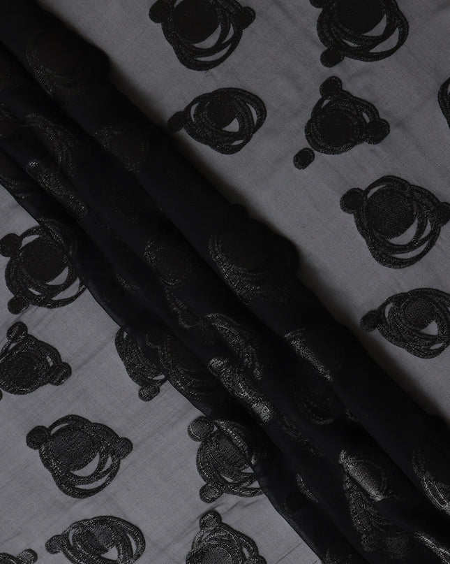 Black Pure Silk Chiffon Fabric with Metallic Lurex Swirl Design, 110 Cms Width, Made in South Korea-D25927