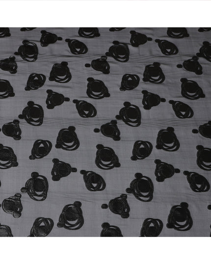 Black Pure Silk Chiffon Fabric with Metallic Lurex Swirl Design, 110 Cms Width, Made in South Korea-D25927