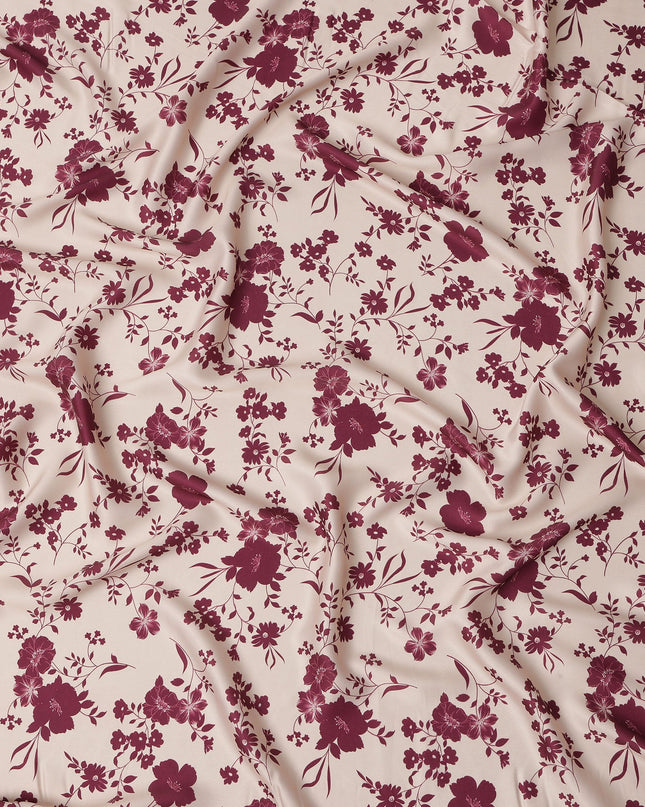 Beige and Maroon Floral Printed Synthetic Crepe Fabric, 110 Cms Width, Made in India-D26264