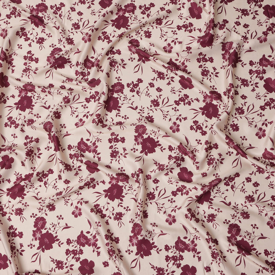 Beige and Maroon Floral Printed Synthetic Crepe Fabric, 110 Cms Width, Made in India-D26264
