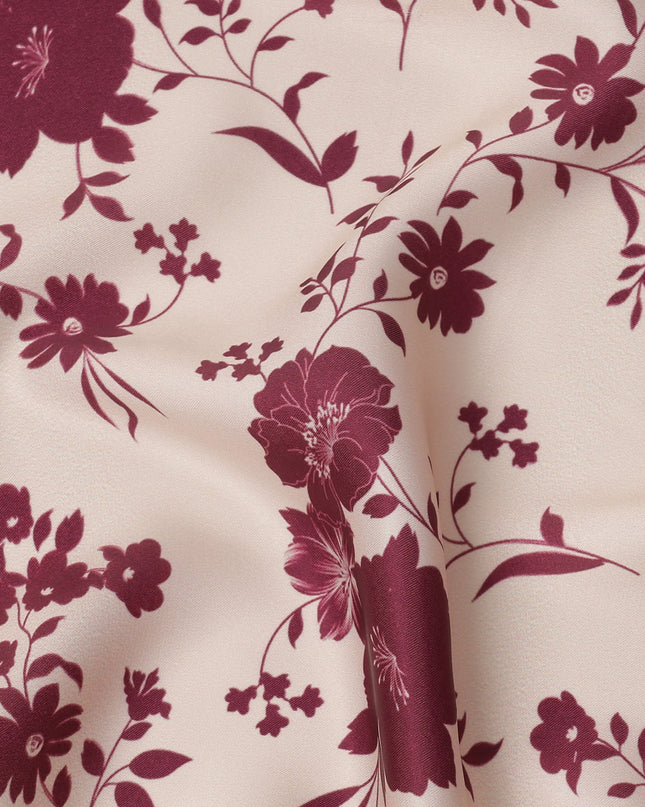 Beige and Maroon Floral Printed Synthetic Crepe Fabric, 110 Cms Width, Made in India-D26264