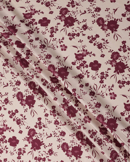 Beige and Maroon Floral Printed Synthetic Crepe Fabric, 110 Cms Width, Made in India-D26264