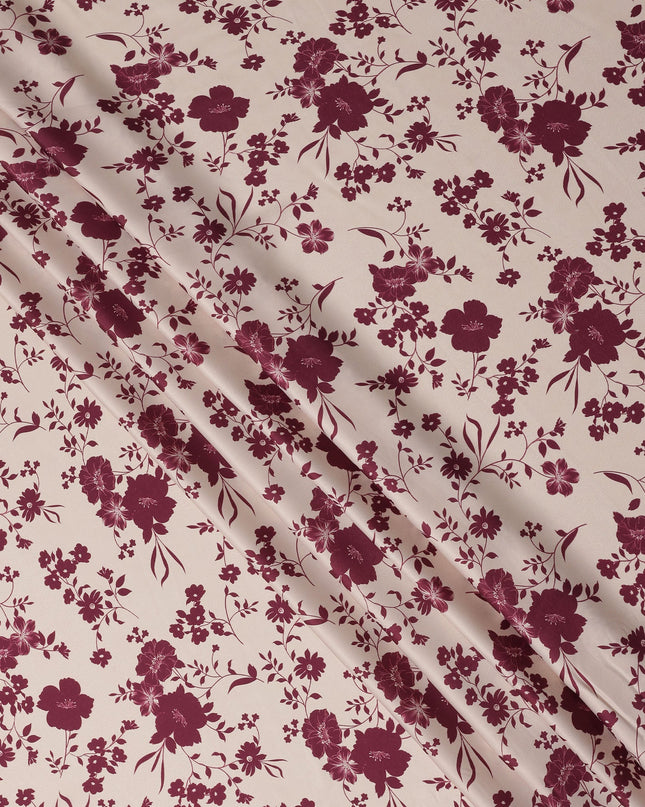 Beige and Maroon Floral Printed Synthetic Crepe Fabric, 110 Cms Width, Made in India-D26264