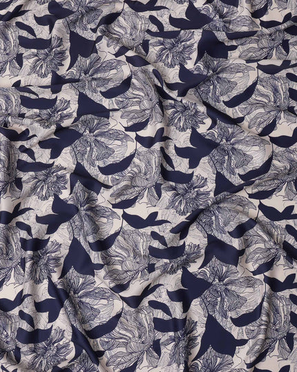 Navy Blue and White Abstract Floral Printed Synthetic Crepe Fabric, 110 Cms Width, Made in India-D26257