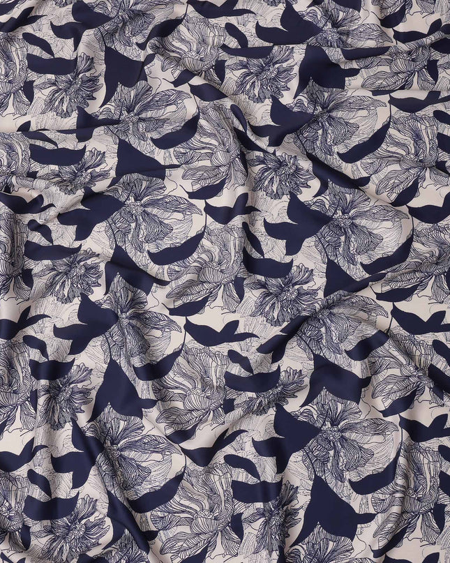 Navy Blue and White Abstract Floral Printed Synthetic Crepe Fabric, 110 Cms Width, Made in India-D26257