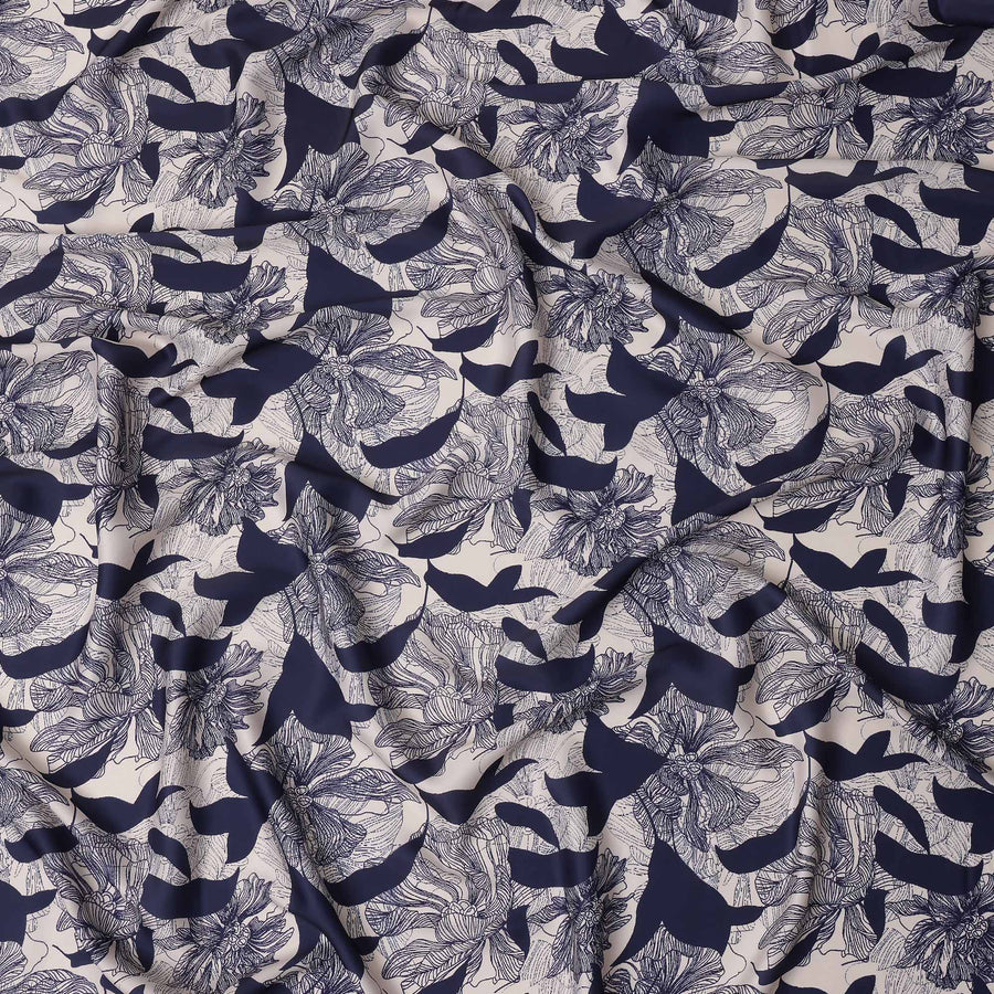 Navy Blue and White Abstract Floral Printed Synthetic Crepe Fabric, 110 Cms Width, Made in India-D26257