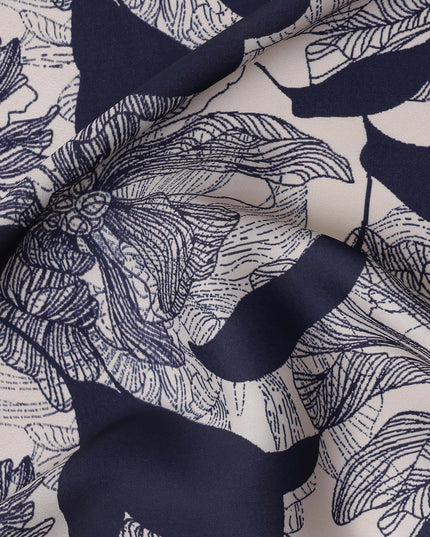Navy Blue and White Abstract Floral Printed Synthetic Crepe Fabric, 110 Cms Width, Made in India-D26257
