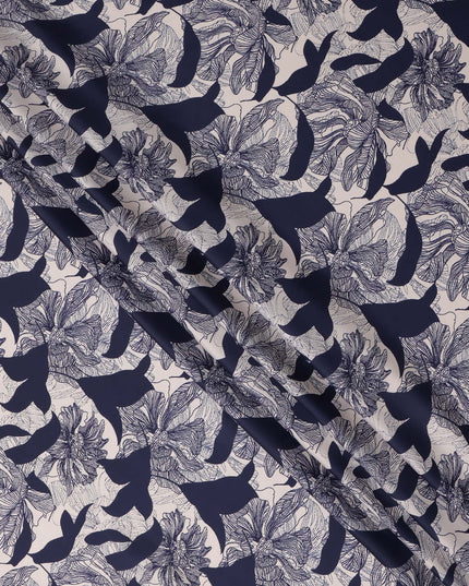 Navy Blue and White Abstract Floral Printed Synthetic Crepe Fabric, 110 Cms Width, Made in India-D26257