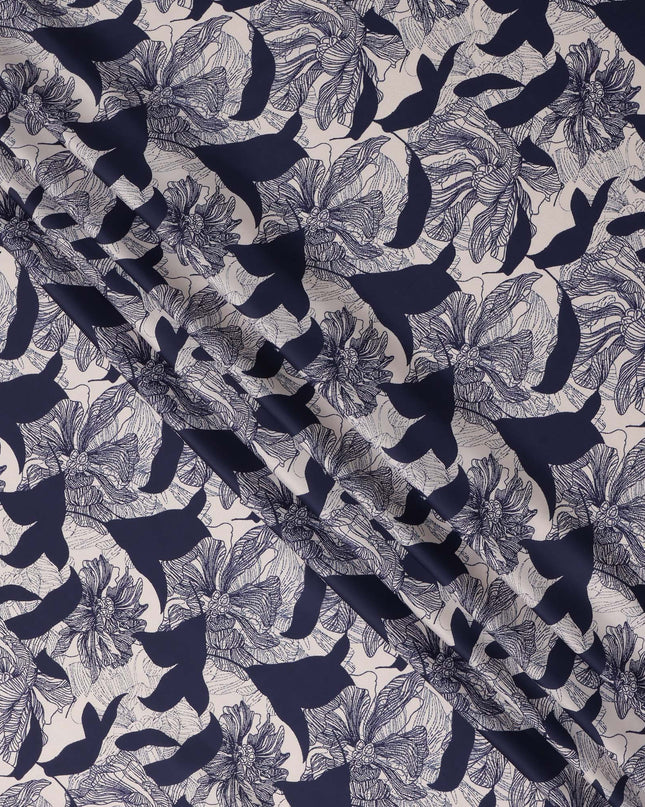 Navy Blue and White Abstract Floral Printed Synthetic Crepe Fabric, 110 Cms Width, Made in India-D26257