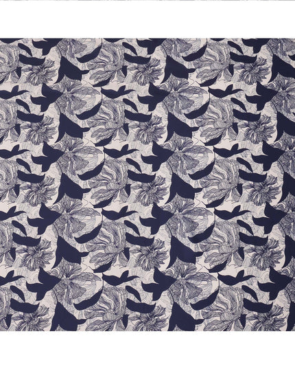 Navy Blue and White Abstract Floral Printed Synthetic Crepe Fabric, 110 Cms Width, Made in India-D26257