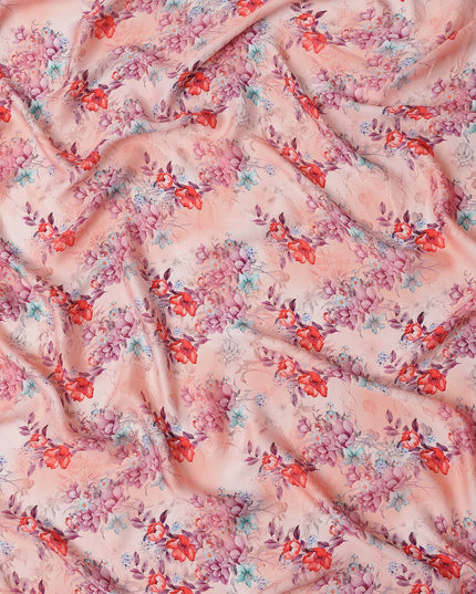 Peach Pink and Red Floral Printed Synthetic Crepe Fabric, 110 Cms Width, Made in India-D26259