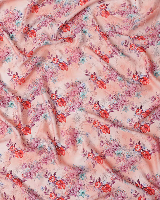 Peach Pink and Red Floral Printed Synthetic Crepe Fabric, 110 Cms Width, Made in India-D26259