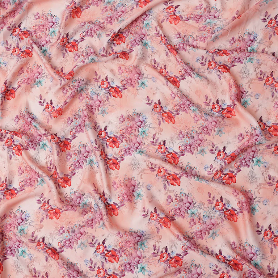 Peach Pink and Red Floral Printed Synthetic Crepe Fabric, 110 Cms Width, Made in India-D26259