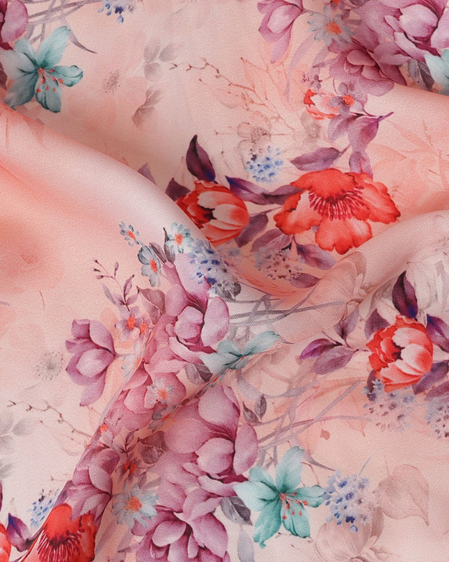 Peach Pink and Red Floral Printed Synthetic Crepe Fabric, 110 Cms Width, Made in India-D26259