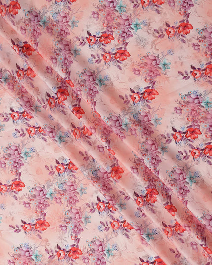 Peach Pink and Red Floral Printed Synthetic Crepe Fabric, 110 Cms Width, Made in India-D26259
