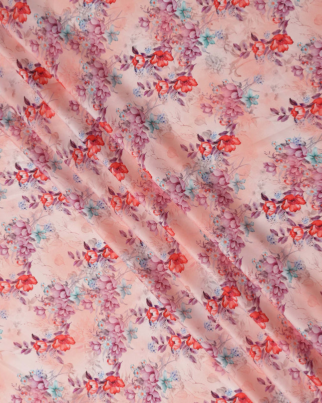 Peach Pink and Red Floral Printed Synthetic Crepe Fabric, 110 Cms Width, Made in India-D26259