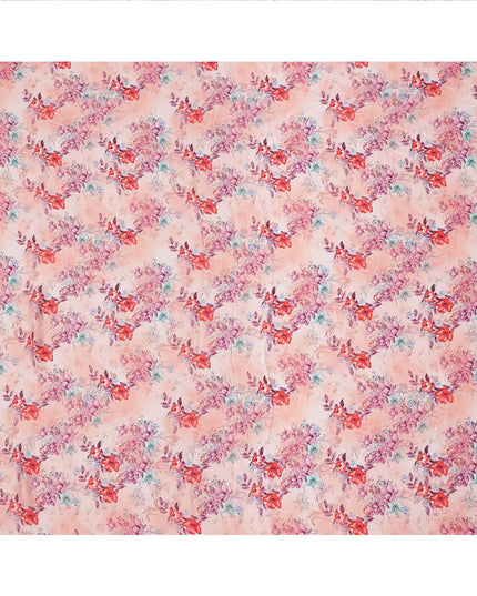 Peach Pink and Red Floral Printed Synthetic Crepe Fabric, 110 Cms Width, Made in India-D26259