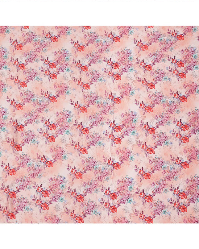 Peach Pink and Red Floral Printed Synthetic Crepe Fabric, 110 Cms Width, Made in India-D26259