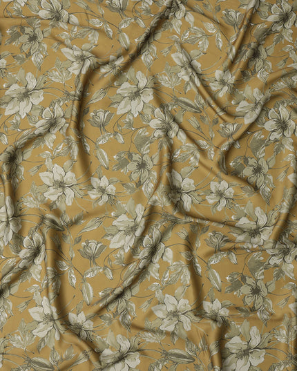Mustard and Olive Green Floral Printed Synthetic Crepe Fabric, 110 Cms Width, Made in India-D26258