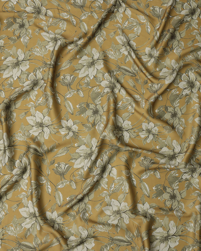 Mustard and Olive Green Floral Printed Synthetic Crepe Fabric, 110 Cms Width, Made in India-D26258