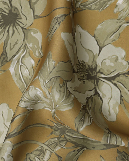 Mustard and Olive Green Floral Printed Synthetic Crepe Fabric, 110 Cms Width, Made in India-D26258