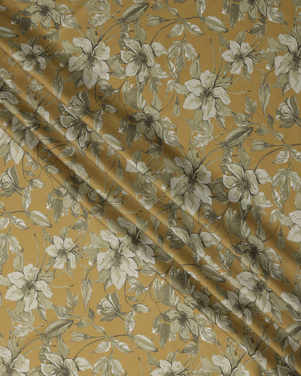 Mustard and Olive Green Floral Printed Synthetic Crepe Fabric, 110 Cms Width, Made in India-D26258