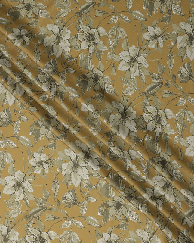 Mustard and Olive Green Floral Printed Synthetic Crepe Fabric, 110 Cms Width, Made in India-D26258