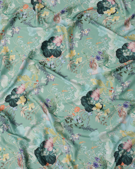 Mint Green Multicolor Floral Printed Synthetic Crepe Fabric, 110 Cms Width, Made in India-D26265
