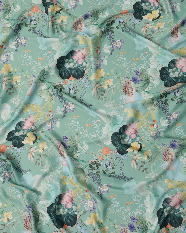 Mint Green Multicolor Floral Printed Synthetic Crepe Fabric, 110 Cms Width, Made in India-D26265