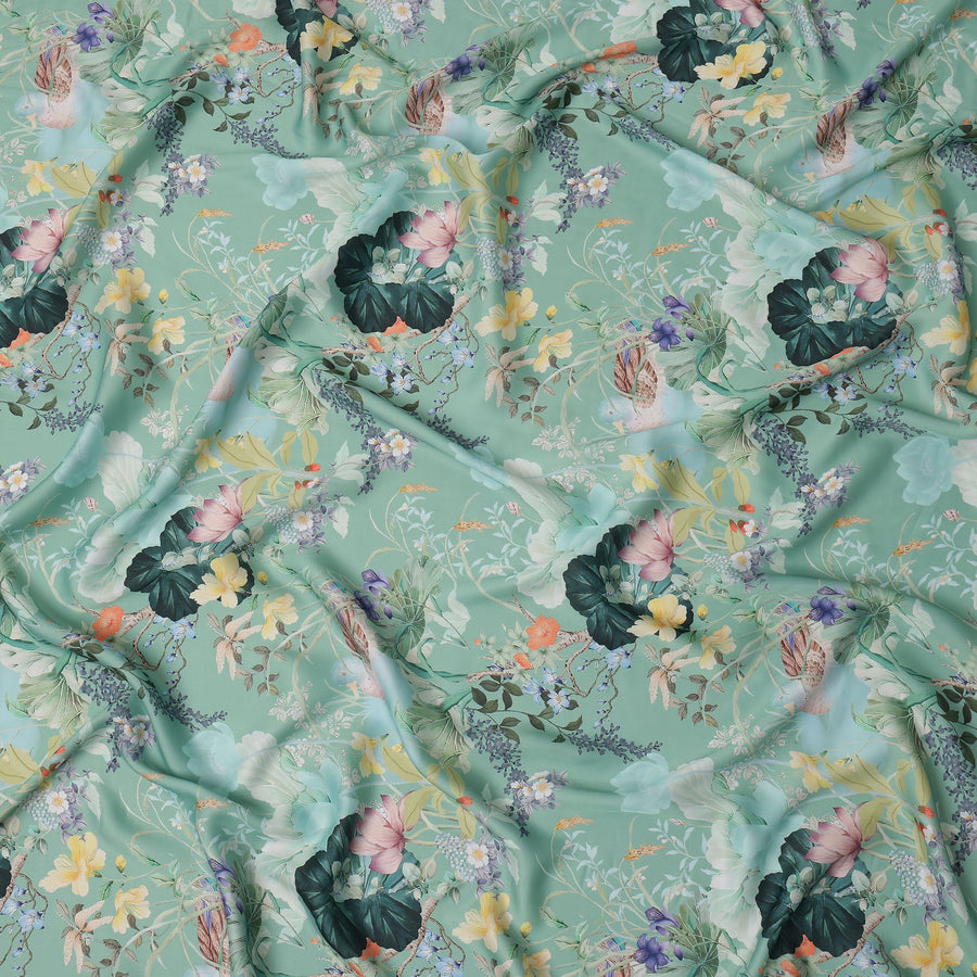 Mint Green Multicolor Floral Printed Synthetic Crepe Fabric, 110 Cms Width, Made in India-D26265