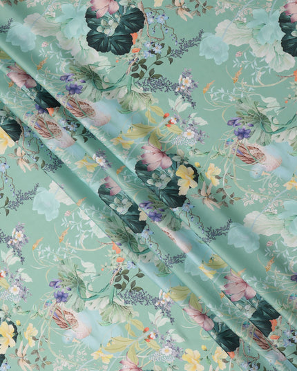 Mint Green Multicolor Floral Printed Synthetic Crepe Fabric, 110 Cms Width, Made in India-D26265