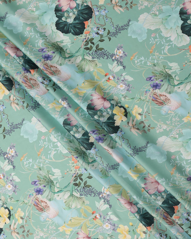 Mint Green Multicolor Floral Printed Synthetic Crepe Fabric, 110 Cms Width, Made in India-D26265