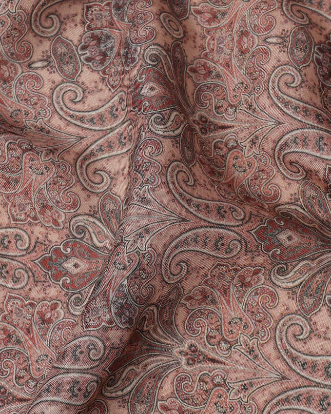 Dusty Rose Paisley Printed Viscose Crepe Fabric with Intricate Mughal Design, 110 cms Width, Made in India-D26284