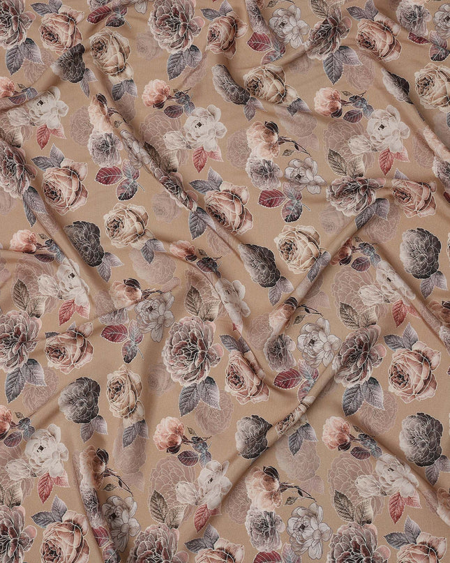 Brown Floral Printed Viscose Crepe Fabric with Mauve and Rose Bloom Design, 110 cms Width, Made in India-D26286